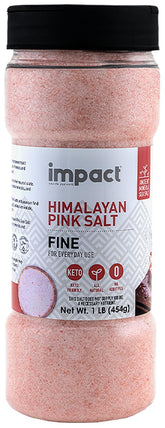 Impact Himalayan Pink Salt 1lb shaker close-up crystals for versatile seasoning.