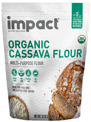 Impact Your Life Organic Cassava Flour packaging ready for gluten-free baking.