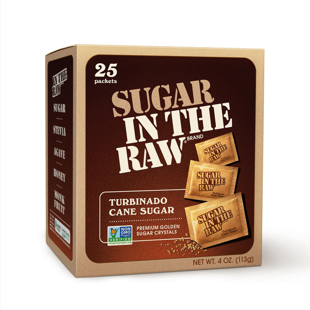 IN THE RAW sugar packets offer natural sweetness for coffee with golden crystals.
