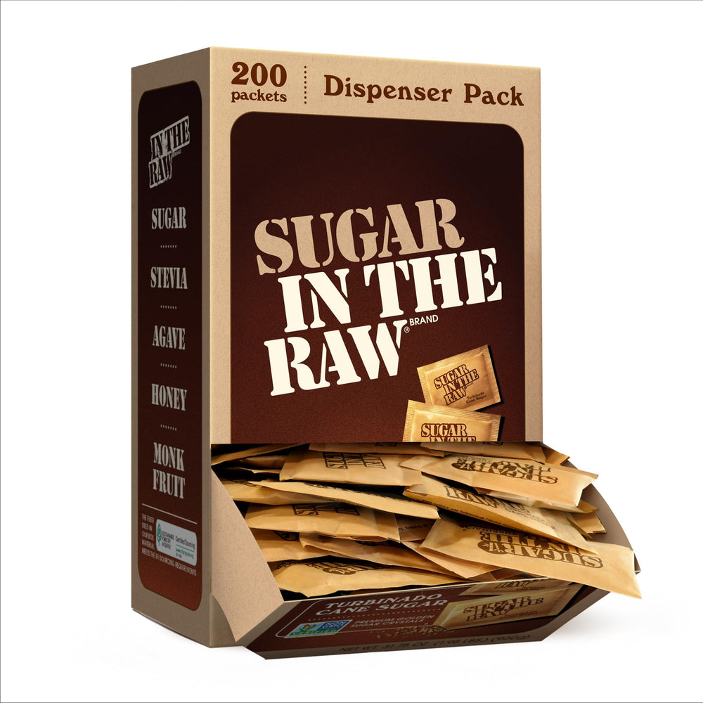 In The Raw turbinado sugar packets in a display box for premium sweetness