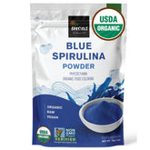 Incas Blue Spirulina powder tub front showing vibrant blue color for smoothies