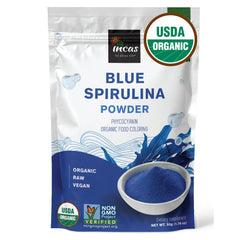 Incas by Asiya Life blue spirulina powder jar adds vibrant color to smoothies.