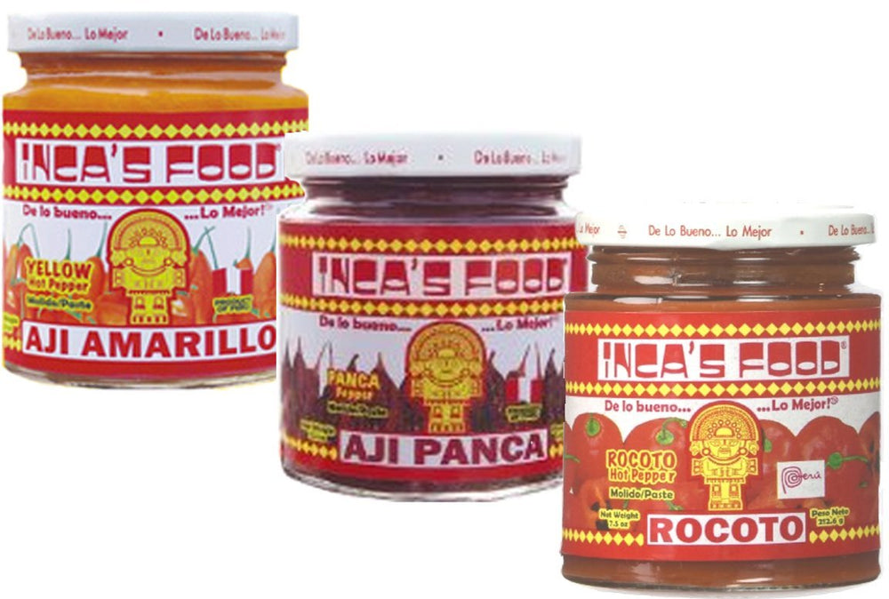 Inca's Food mixed sampler jar with three peppers; versatile for sauces and stews