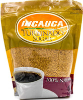 Incauca Sugar Turbinado jar pouring, premium sweetness for baking and beverages.