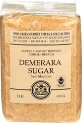India Tree Demerara Sugar 16oz pack showing large crystals for topping.