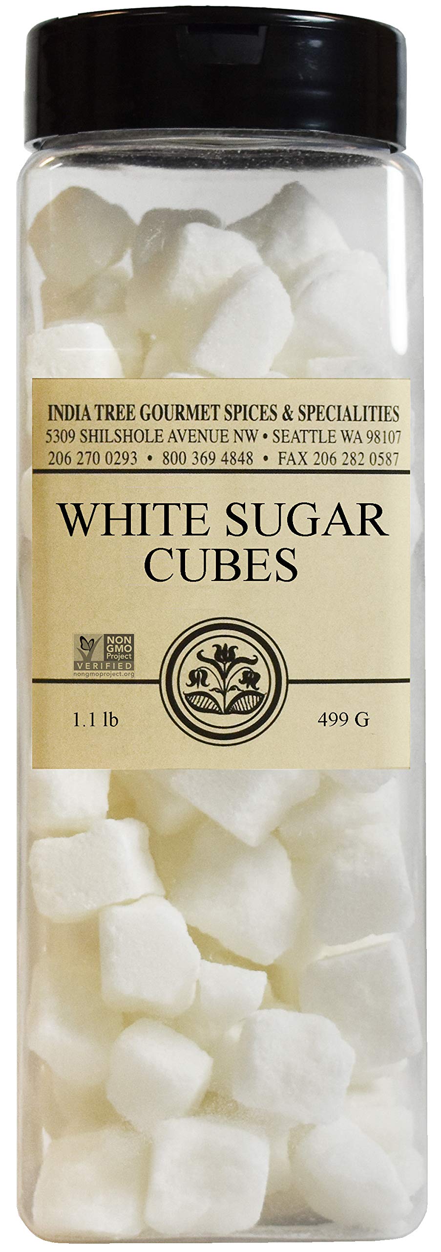 India Tree white sugar cubes pack close up, premium non-GMO sweetness.