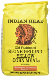 Indian Head old-fashioned stone-ground yellow corn meal bag showing authentic baking texture.