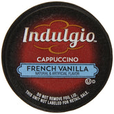 Indulgio Cappuccino French Vanilla pack shot shows convenient single-serve cups for home brewing.