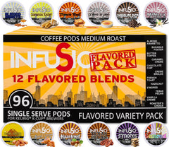 InfuSio 96 cups variety pack shown, broad selection for daily brews