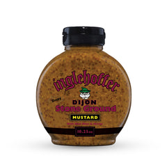 Inglehoffer Dijon stone-ground mustard bottle pouring to season burgers and sandwiches.