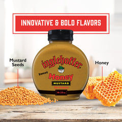 Pour shot of Inglehoffer honey mustard ideal for burgers and grilled chicken