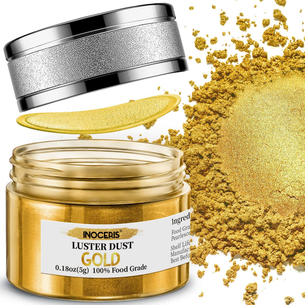 Inoceris edible luster dust gold 5g adds shimmering cake decorations.