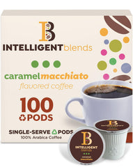Intelligent Blends Caramel Macchiato pods ready for Keurig machines, with caramel aroma in a single-serve cup.