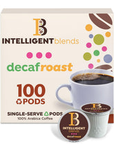 Intelligent Blends Decaf Dark Roast pods in box front showing balanced flavor for daily coffee.