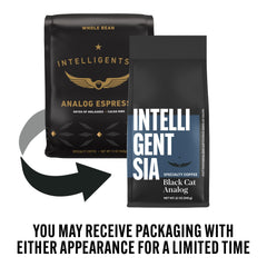 Intelligentsia Black Cat Analog bag close-up featuring direct trade and freshness.