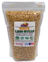 International Popcorn White Hulless kernels in resealable bag for fresh, easy snacking.