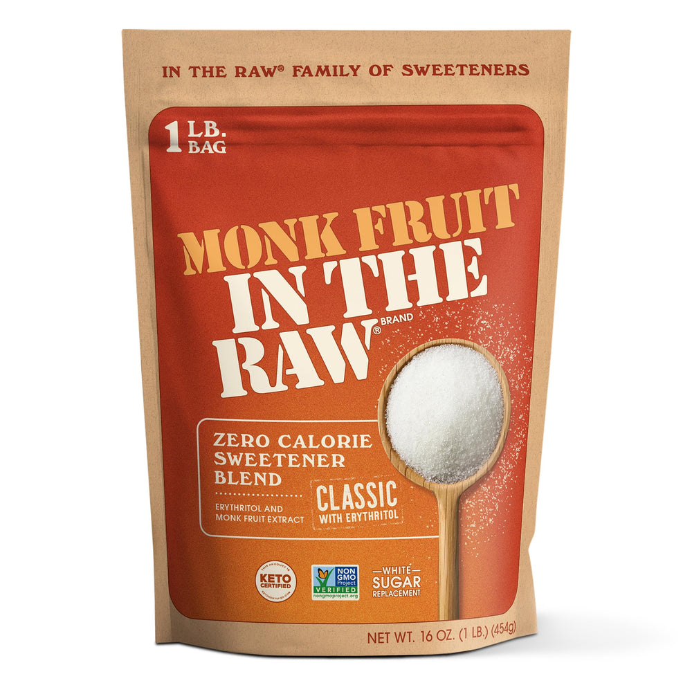 IN THE RAW Monk Fruit Baker Bag 16oz label highlighting keto-friendly, zero-calorie sweetness.