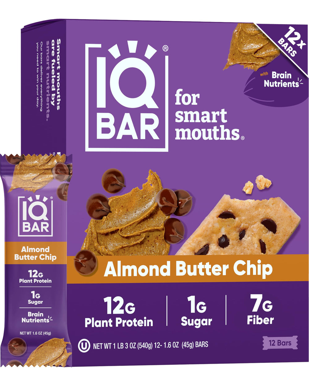 IQBAR Almond Butter Chip bar close-up, showcasing high protein and clean ingredients