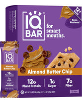 IQBAR Almond Butter Chip bar close-up, showcasing high protein and clean ingredients
