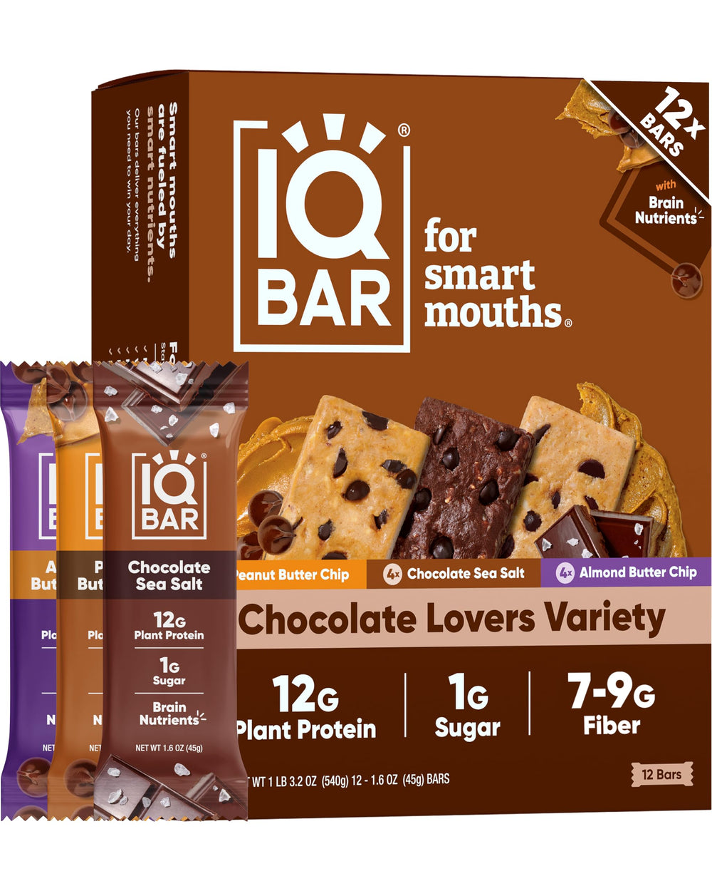 IQBAR Chocolate Lovers bar front view, a protein-packed on-the-go snack for focus.