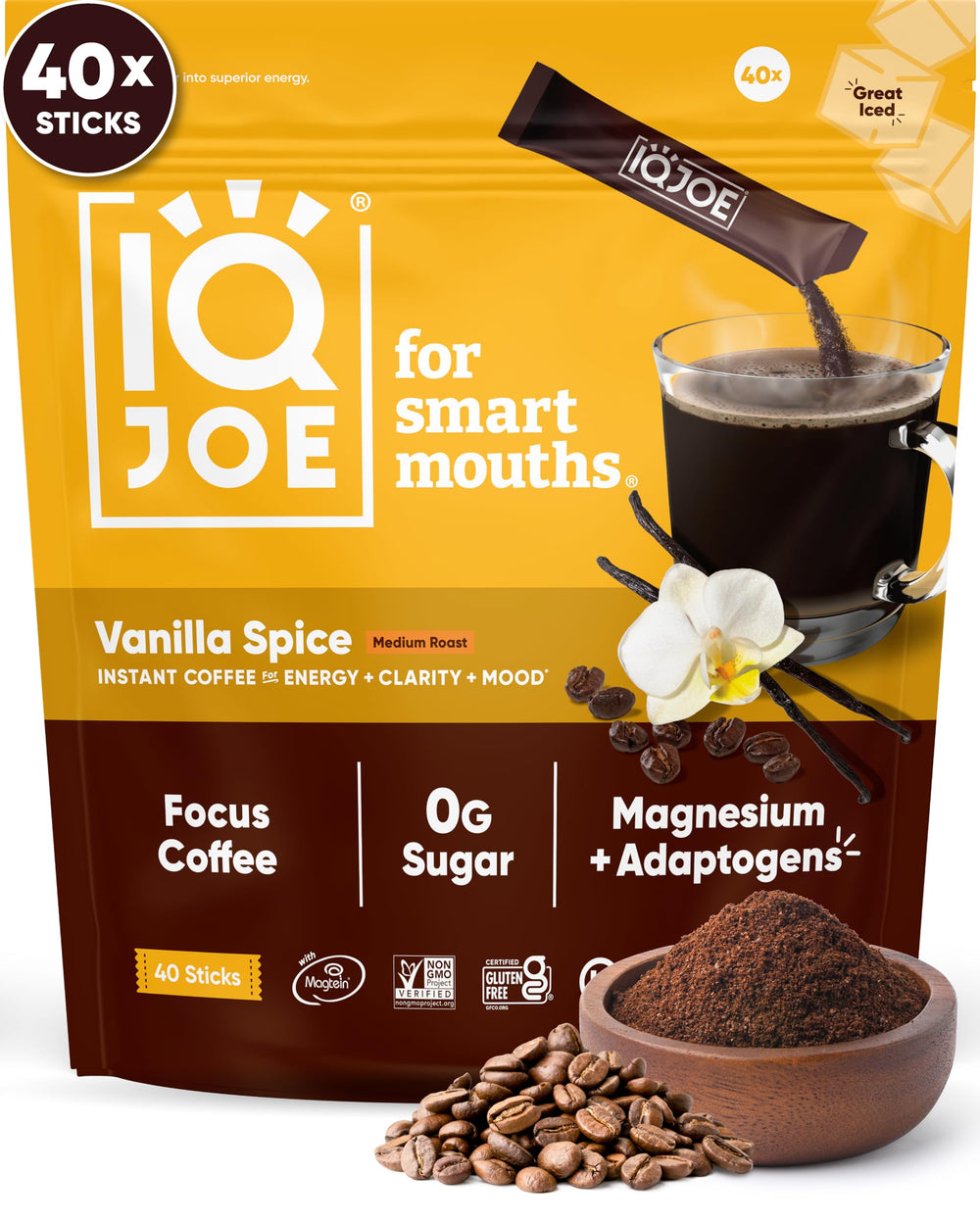 IQBAR IQJOE mushroom coffee packet ready for vanilla spice flavor, boosting focus on the go.