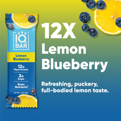 IQBAR Lemon Blueberry ingredients panel reveals vegan, gluten- and dairy-free nutrition.