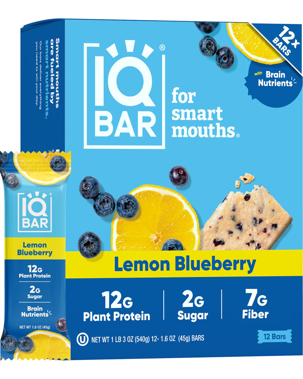 IQBAR Lemon Blueberry packshot highlighting a keto-friendly, high-fiber snack for busy days.