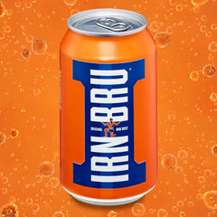 Close-up of the 32-flavor recipe label on an IRN-BRU can
