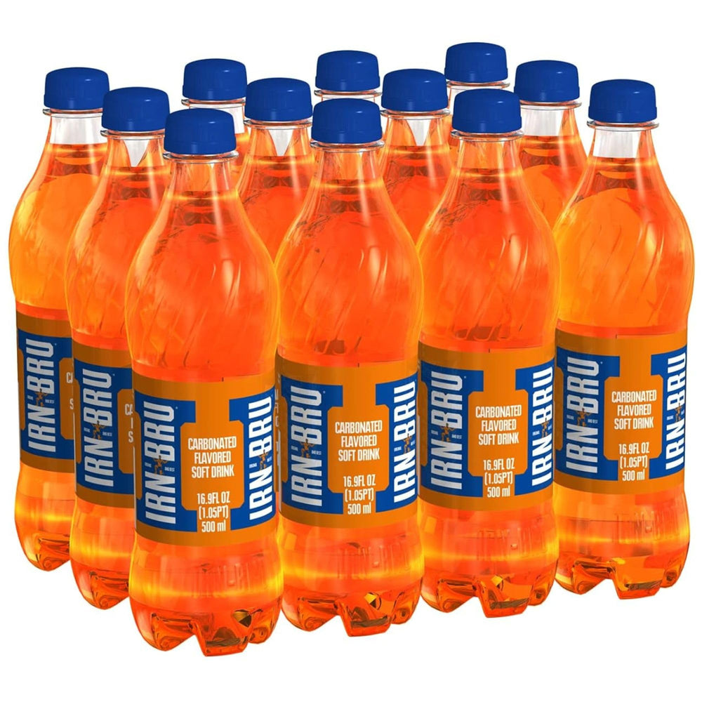 IRN-BRU Original bottle front view, citrus-forward flavor cue.