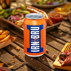 IRN-BRU citrus-flavored can close-up, inviting refreshing sparkle