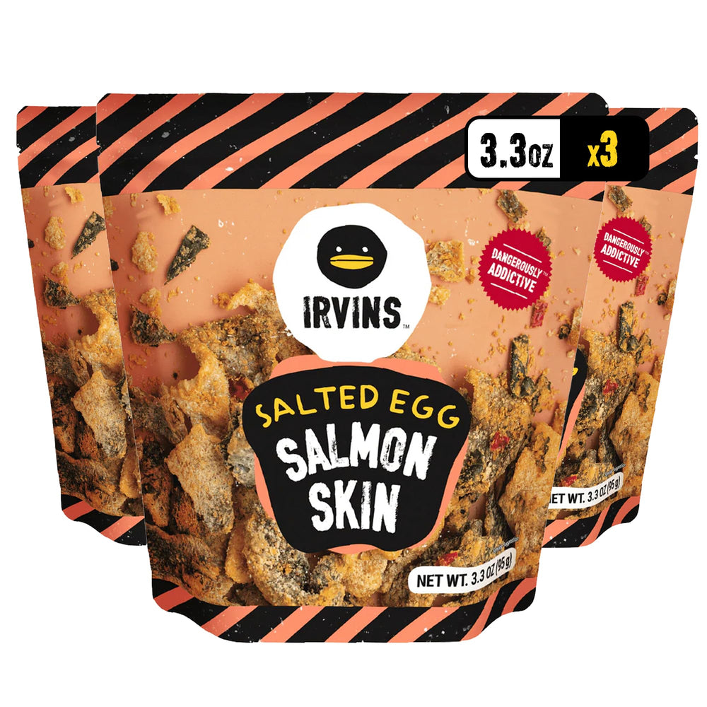 IRVINS Salted Egg Salmon Skin Crisps 3-pack packaging, ideal for on-the-go snacking.