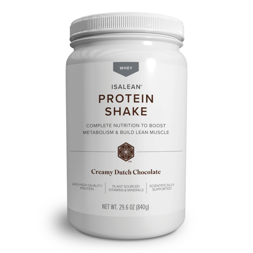 Isagenix IsaLean protein shake bottle shows creamy Dutch chocolate flavor and portion size.