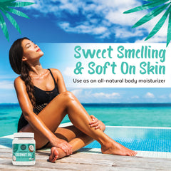 Island Fresh coconut oil on skin used as a moisturizing body treatment.