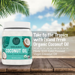 Island Fresh coconut oil label confirms USDA Organic certification and non-GMO purity.