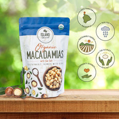 Island Harvest dry-roasted macadamia nuts 8oz bag, ready as a quick energizing snack.