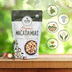 Island Harvest macadamia nuts, dry roasted close-up, highlighting rich golden color and crisp texture.