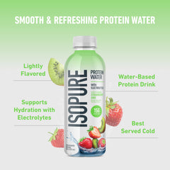 Isopure Clear Protein Water bottle open pour, refreshing hydration with electrolytes.
