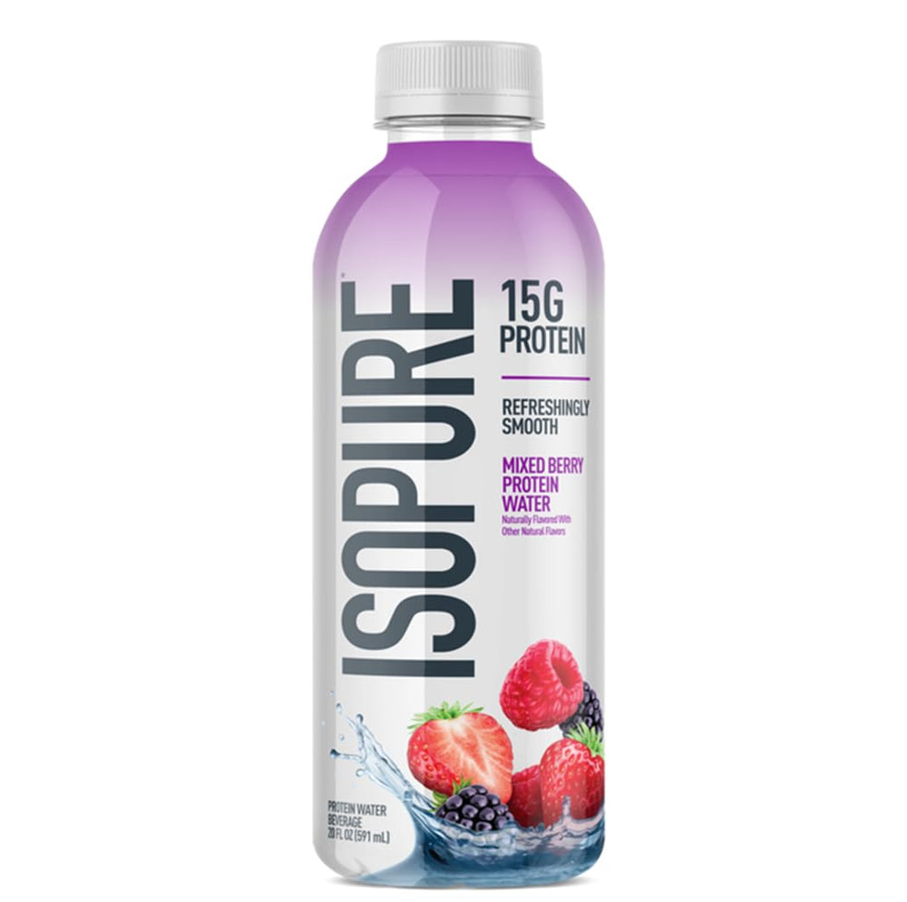 Isopure Clear Protein Water bottle with mixed berry flavor, ideal for post-workout hydration.