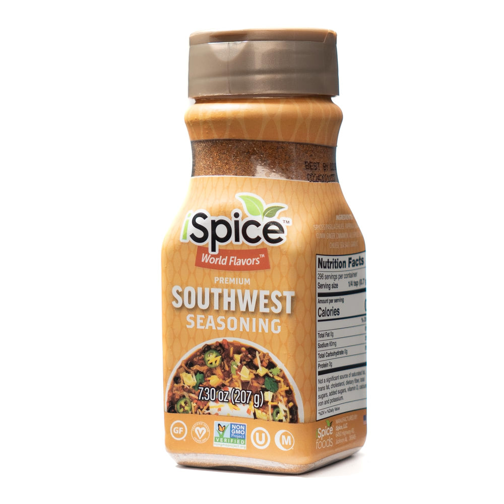 iSpice Southwest Seasoning bottle front highlighting bold, smoky flavor for grilling