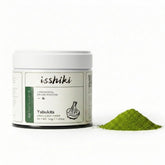 Isshiki Matcha ceremonial-grade tin on display for daily rituals.