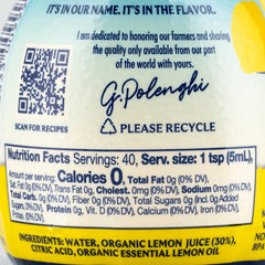 Italian Volcano Organic Lemon Juice glass bottle label highlights origin