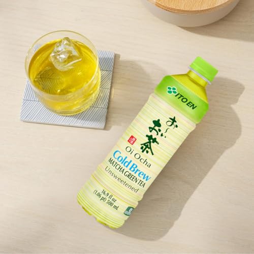ITO EN Oi Ocha Matcha Green Tea bottle pour shows unsweetened flavor and no added sugar.