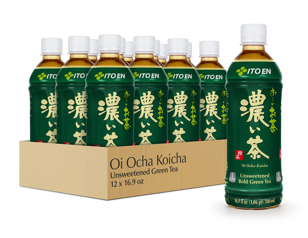 Ito En Oi Ocha Unsweetened Bold Green Tea bottle front, bold flavor, low calorie