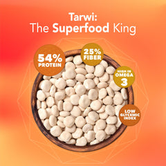 Its Good Energy Tarwi Snack nutrition panel, clear protein and fiber information.