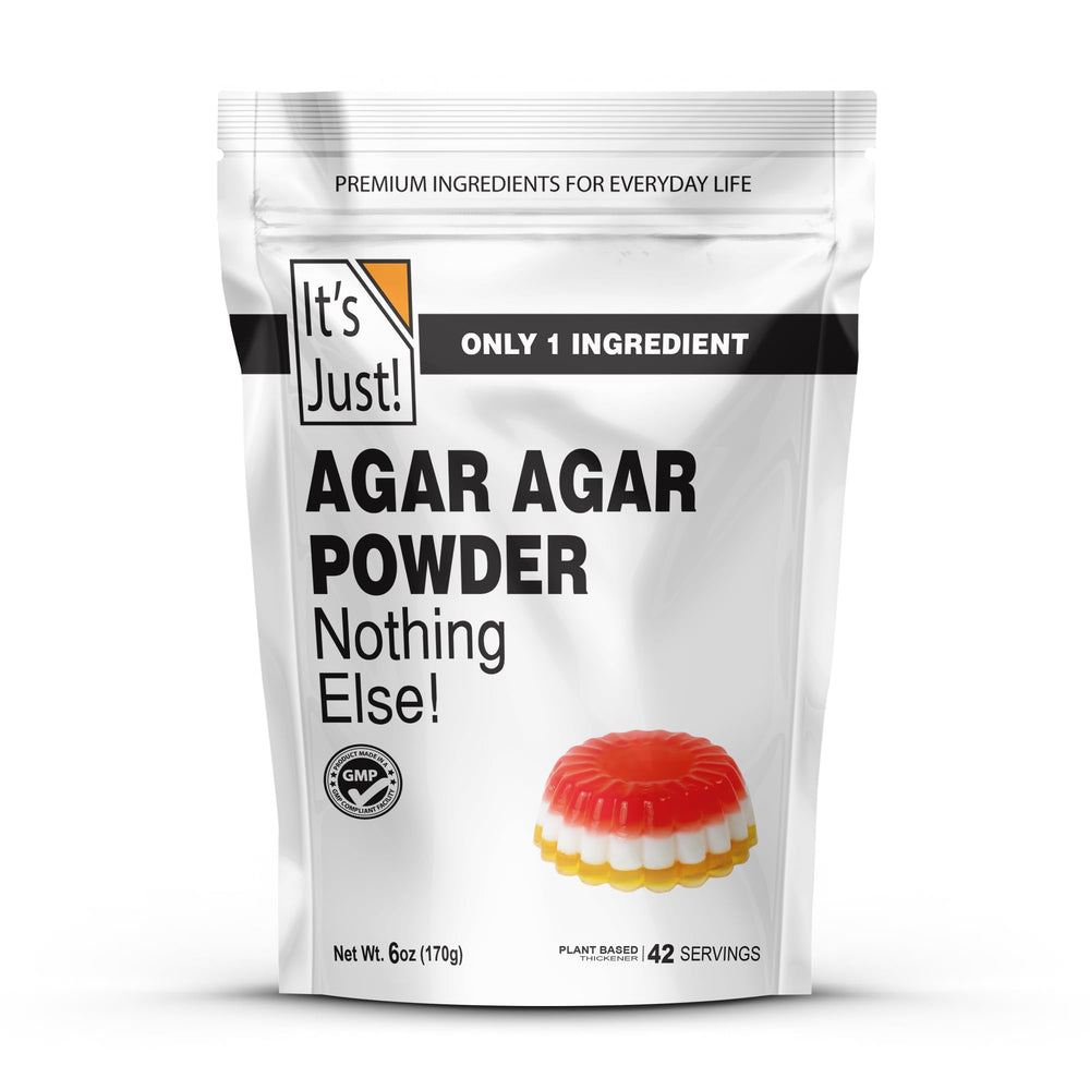Its Just! Agar Agar Powder packaging shown, vegan gelatin substitute for versatile desserts.