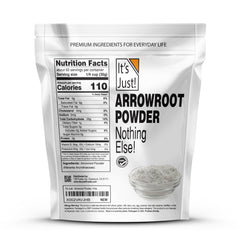 It's Just Arrowroot Powder packaging jar on shelf, ideal pantry staple.