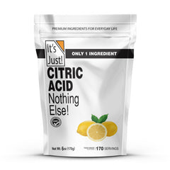 It's Just! citric acid powder packaging shows resealable pouch for long shelf life.