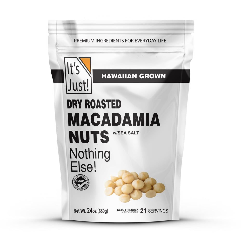 It's Just Hawaiian Macadamia Nuts 24oz bag ideal for snacking, gluten-free and lightly salted.