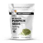 It's Just! pumpkin seeds packaging, dry roasted sea salted, great for on-the-go snacking.