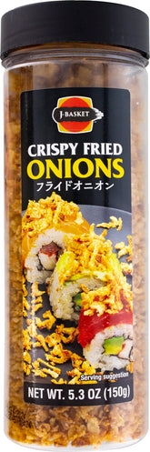 J-BASKET Crispy Fried Onions close-up, a savory crunchy topping for burgers and salads.